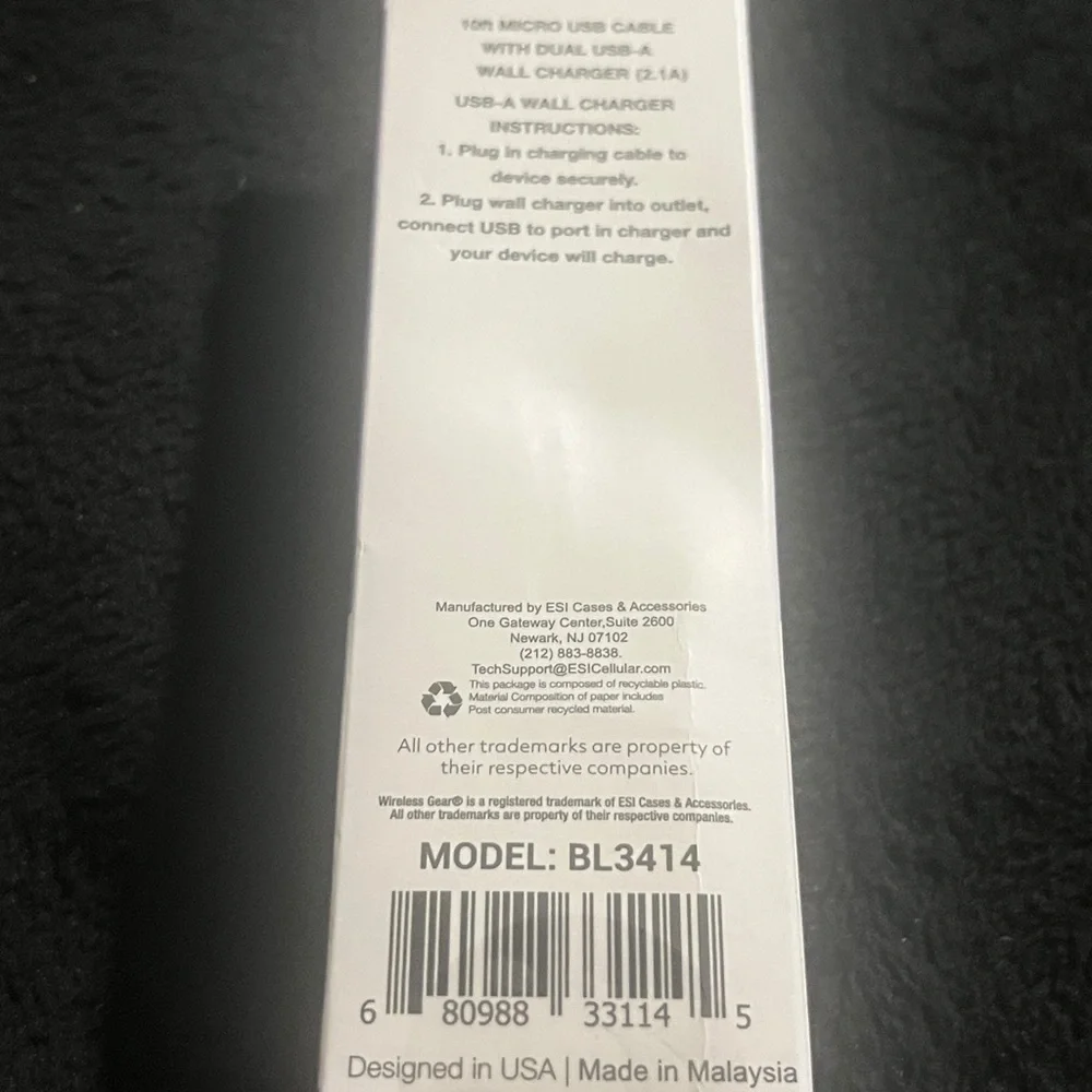 Wireless Gear Micro USB Devices ( 10’ Cable and Wall Charger) Purp New